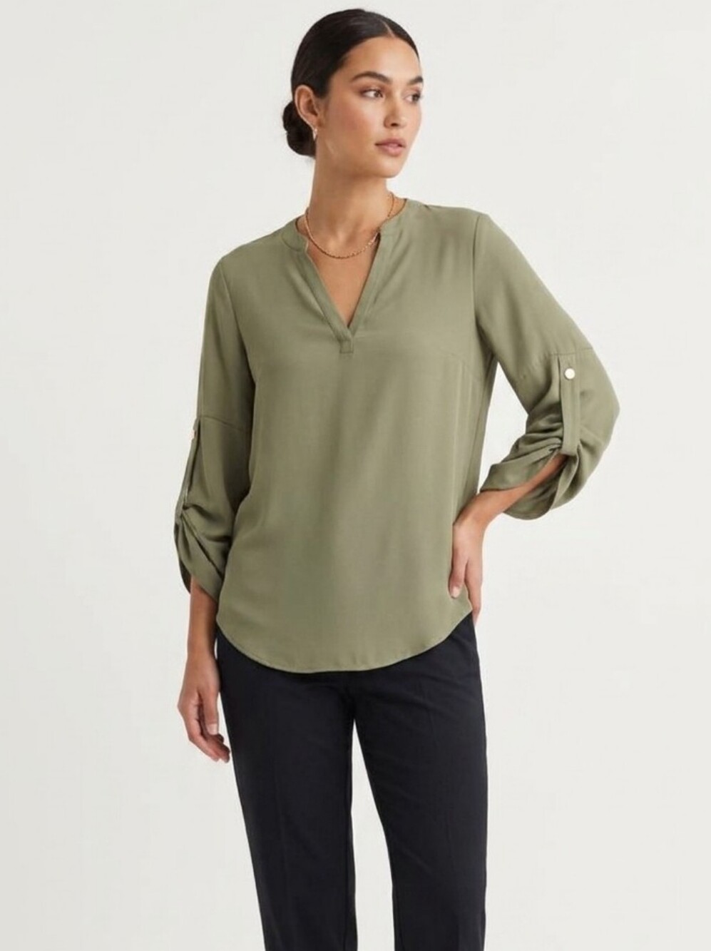 JOSEPH RIBKOFF Green V Neck Crepe Roll Tab Blouse Size 6